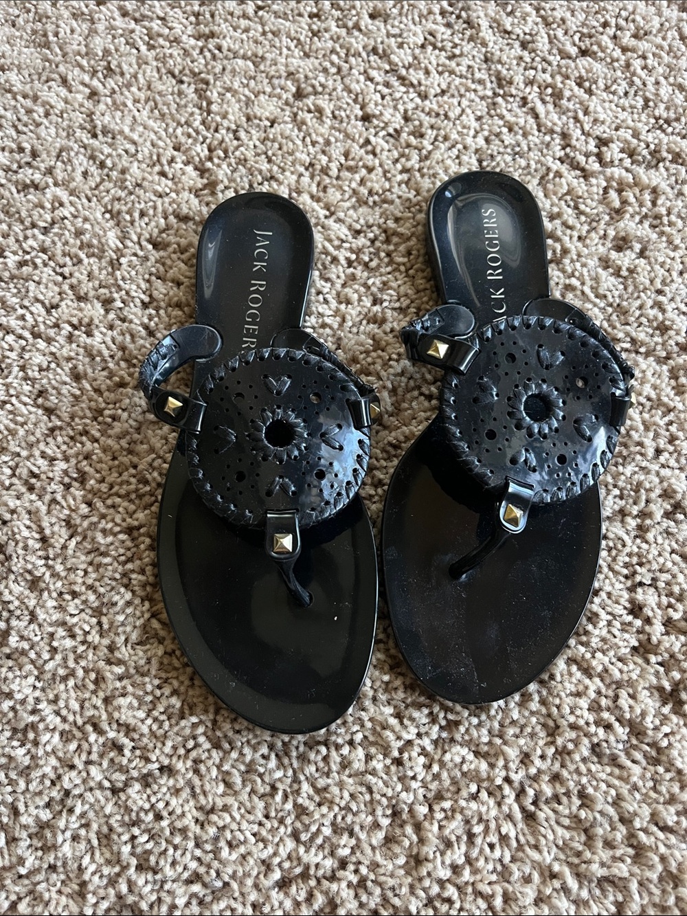 Jack Rogers Black Glossy Cutout Medallion Sandals